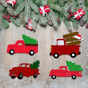 Ensemble de découpes de camion en bois de Noël, décorations de bricolage de fête rustiques rouges.