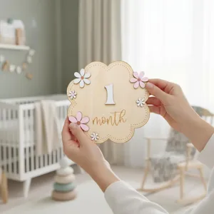 Wooden baby milestone monthly plaque detail view with cute daisy flowers for newborn photo.