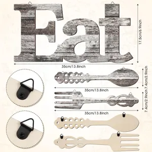 Wooden kitchen wall decor Eat sign and cutlery fork spoon set 3-piece rustic hanging plaque.