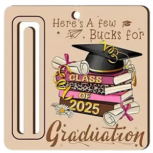 Wooden graduation cash holder detail featuring 2025 class theme and slot design for gifts.
