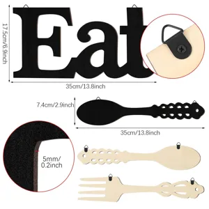 Wooden Eat sign and cutlery wall decor set 3pcs kitchen hanging plaque with size details