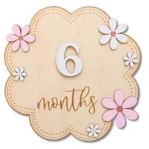 Wooden baby milestone card 6 months newborn photography prop floral wooden plaque decor