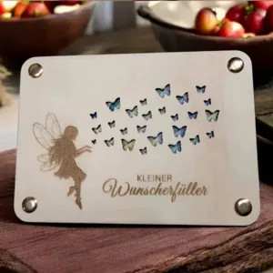 Tarjeta de regalo de madera con diseño de hada y mariposas, decoración y regalo.