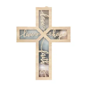 Decoración de pared de cruz de madera con texto grabado love faith hope para el hogar.