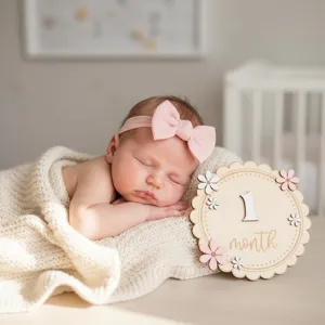 Newborn monthly milestone wooden plaque photography prop with cute daisy design for baby.