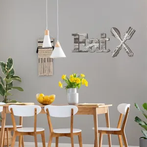 Wooden wall decor set with Eat sign and fork spoon, perfect for kitchen and dining room.