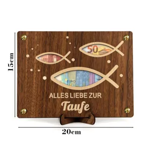 Targa regalo in denaro di legno per battesimo con design a pesce decorazione 20x15cm