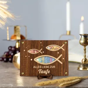 Targhetta in legno regalo soldi battesimo con design a pesce, ideale per bimbo e bimba.