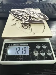 Wooden butterfly life cycle puzzle detail shot, insect growth tray on digital scale.