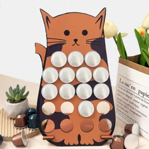 Detailed view of the cute wooden cat coffee capsule holder, perfect for modern coffee corner decor.