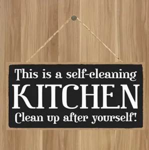 Wooden kitchen hanging sign with funny quote, rustic wall decor plaque for home and restaurant.