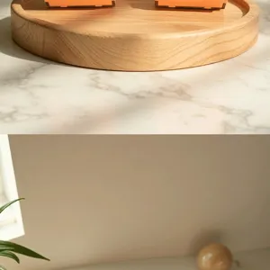 Wooden tray detail view showcasing natural wood grain and elegant home decor display.
