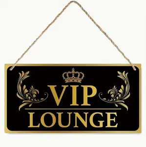 Wooden wall hanging sign decor with VIP LOUNGE text and crown pattern for home bar room.