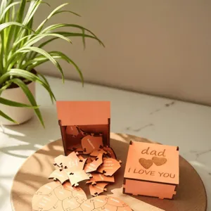 Wooden puzzle heart gift box for fathers day, engraved family love message details and rustic wood.