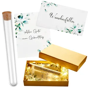 Geschenkset mit Reagenzglas, Grußkarten, LED-Lichterkette und dekorativer Geschenkbox.