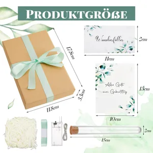Detailierte Maße und Übersicht der Hochzeitsgeschenkbox mit Schleife, Karten und Lichterkette.