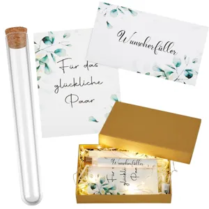 Hochzeitsgeschenk Detailansicht mit klarem Reagenzglas, Grußkarten und edler Geschenkbox.