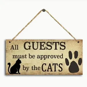 Wooden hanging wall sign with cute cat silhouette and retro quote, perfect for home decor.