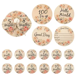 Wooden floral baby milestone discs monthly newborn photography props baby growth record cards.