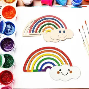Unfinished wooden rainbow craft detail showing DIY painting process with brushes and paints.