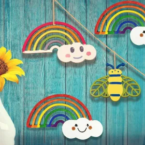 Wooden rainbow bee hanging craft detail shot, perfect for DIY projects and colorful decorations.