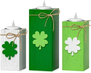 Wooden tea light candle holders set with LED lights and clover decor for table centerpiece.