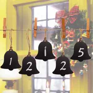 Wooden bell blackboard hanging pendant, rustic holiday decor with hemp rope and wooden clips.
