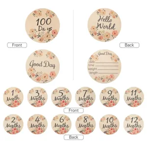 Wooden baby milestone cards with floral design, monthly growth photo props for newborns.