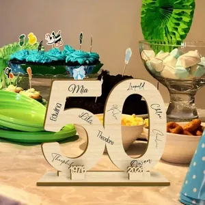 Wooden number 50 table sign customizable guest book plaque for birthday party anniversary decor.