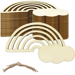 Unfinished Wooden Rainbow Cloud Blank Hanging Ornaments DIY Craft Wood Slices With Ropes For Home Wedding Party Decor