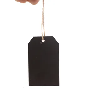 Blank black wooden hanging message tag with twine rope for home decor DIY craft.