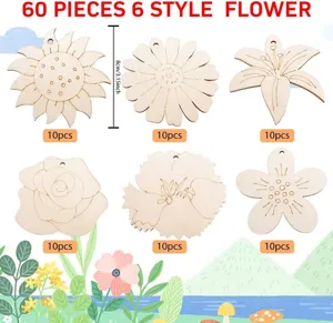 Detailansicht von 60 Stk. Holzblumen-Ausschnitten in 6 Stilen, ideal für DIY-Malhandwerke.