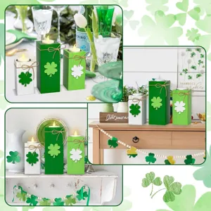 St. Patrick's Day wooden tealight candle holders detailed view with shamrock decor and LED lights.