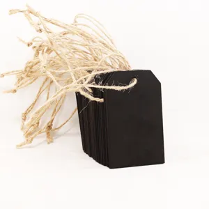 Black paper gift tags with natural jute string twine for crafts, hanging decor and messages.