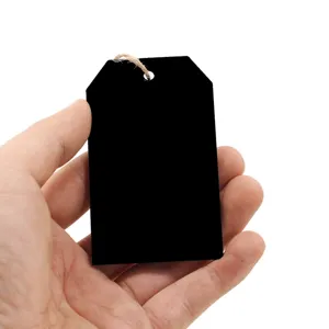 Wooden blank black hanging tag with twine string and metal eyelet for home decor DIY crafts.