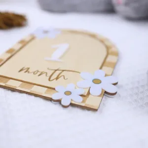 Wooden monthly baby milestone card with daisy flowers, newborn photo prop for infant growth.