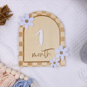 Wooden baby monthly milestone card with daisy flowers, arch design, newborn photography props.