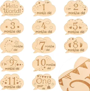 Wooden milestone cards set baby monthly growth photo props cloud shape wood slice