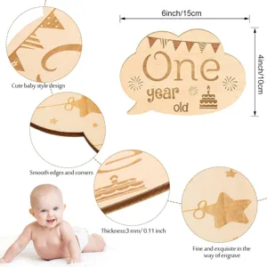 Wooden milestone plaque detail, cloud shape with engraved text, fine craft and 3mm thickness.