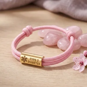 Détail de bracelet d'alerte médicale, tube en acier inoxydable gravé, cordon rose vif.
