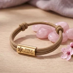 Gros plan du bracelet d'alerte médicale avec tube en acier inoxydable gravé doré.