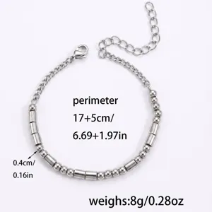 Stainless steel Morse code bracelet detail view showing perimeter 17+5cm and 8g weight specs.