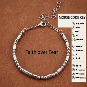 Stainless Steel Morse Code Faith Over Fear Beaded Bracelet Minimalist Fashion Jewelry