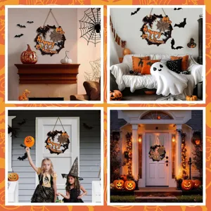 Halloween wooden hanging sign, carved bat pumpkin wall plaque for holiday party decor.