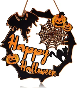 Halloween wooden hanging sign with bat and pumpkin, hollow door decor for party.