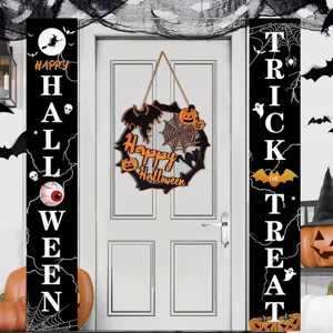 Halloween wooden door hanging sign and banner detail view, rustic holiday party decor