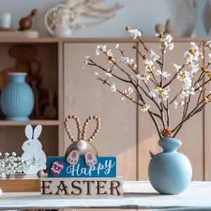Detail de decoration de table de lapin de Pâques en bois avec perles et vase de fleurs.