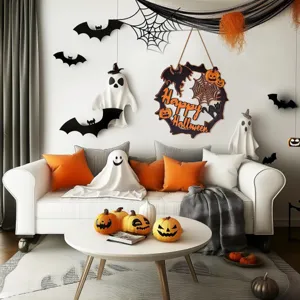 Halloween wooden hanging sign wall decor with bat and pumpkin elements for festive home party.