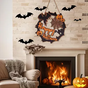 Halloween wooden hanging sign hollow carved wall decor with pumpkins and bats for party home.