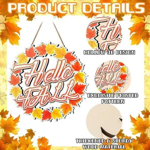 Fall wooden door sign with Hello Fall text, 3D hollow maple leaf decor for autumn.